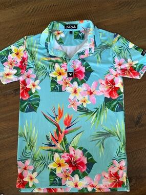 Bad Birdie Aqua Tropical Floral Polo Youth M